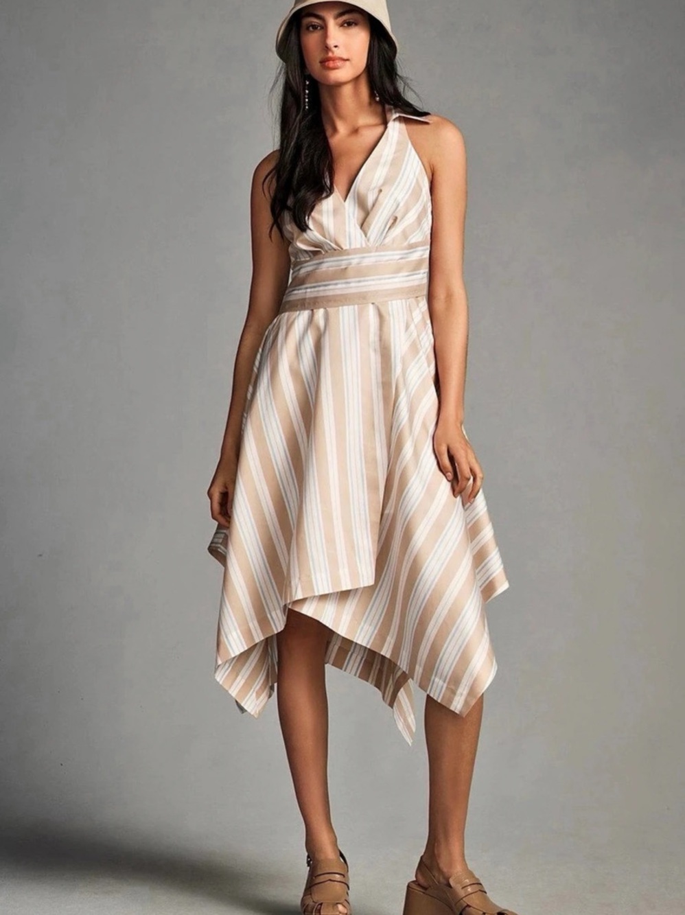 Anthropologie Maeve Striped Halter Shirt Dress, Cream & Brown Midi